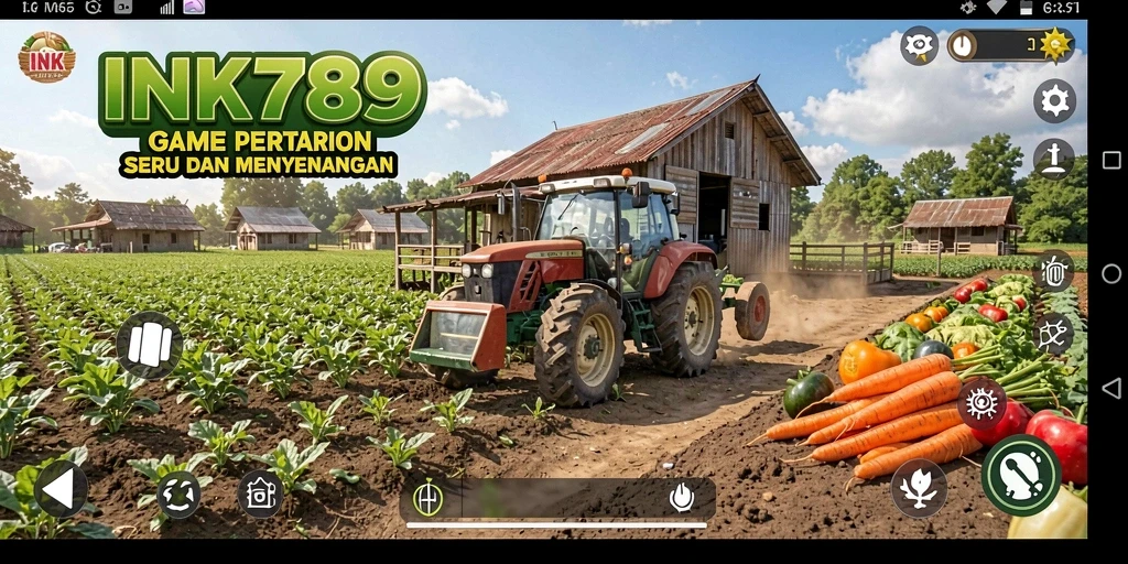 Tampilan gameplay INK789 dengan ladang yang subur dan hewan ternak.