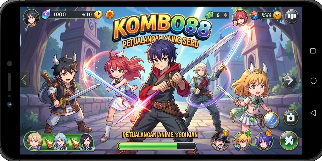 Tampilan gameplay <strong>KOMBO88</strong> menunjukkan aksi pertarungan yang dinamis dan karakter anime menarik.