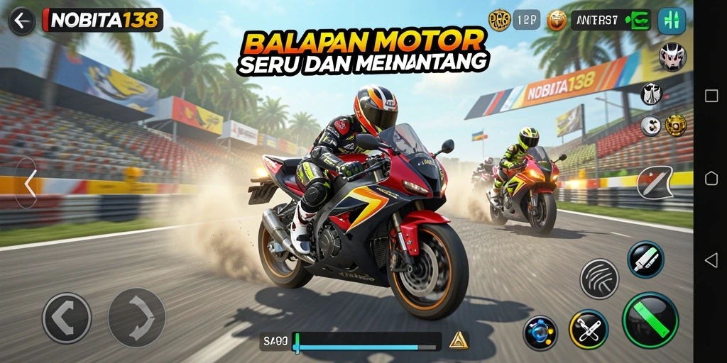 Screenshot gameplay NOBITA138 yang menunjukkan balapan motor seru.