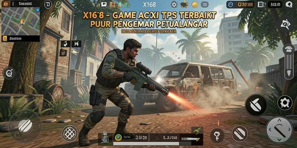 Screenshot gameplay X168 yang menunjukkan aksi tembak-menembak yang intens.